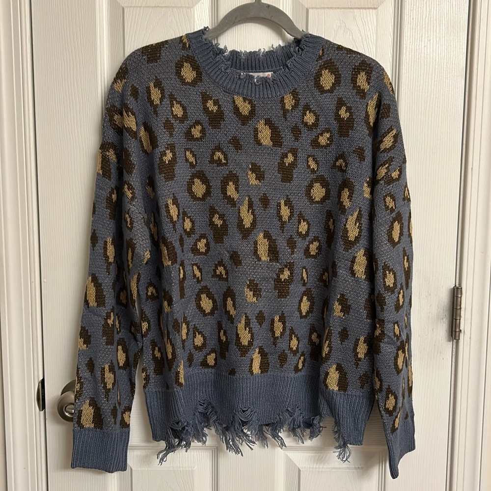 L Love Blue Gold Print Distressed Long Sleeve Acrylic Sweater Size Medium - Picture 1 of 9